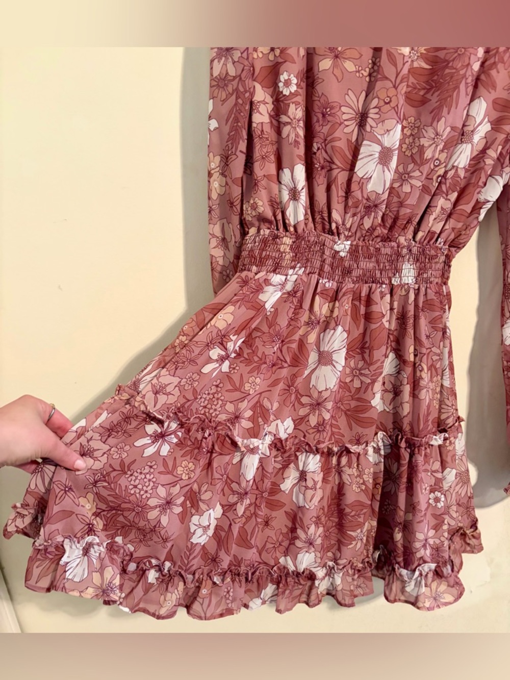 Peach Love California Floral Tie-Neck Elastic Waist Dress in Dusty Rose Sz Large - Picture 16 of 16